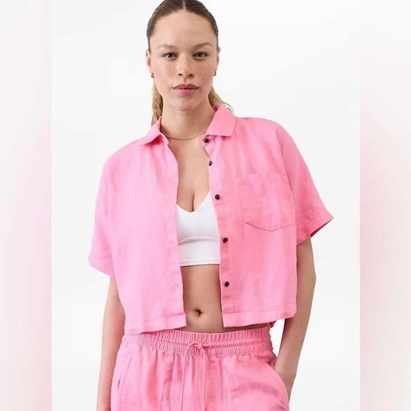 Athleta Tops - Athleta Retreat 100% Linen Shirt Women Small Pink Short Sleeve Boxy Crop Coastal